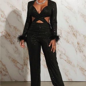 SHEIN Fuzzy Cuff Cut Out Sequin Jumpsuit